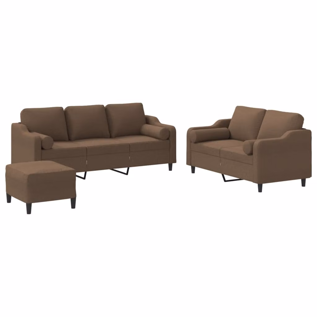 Set di Divani 3 pz con Cuscini Marrone in Tessuto