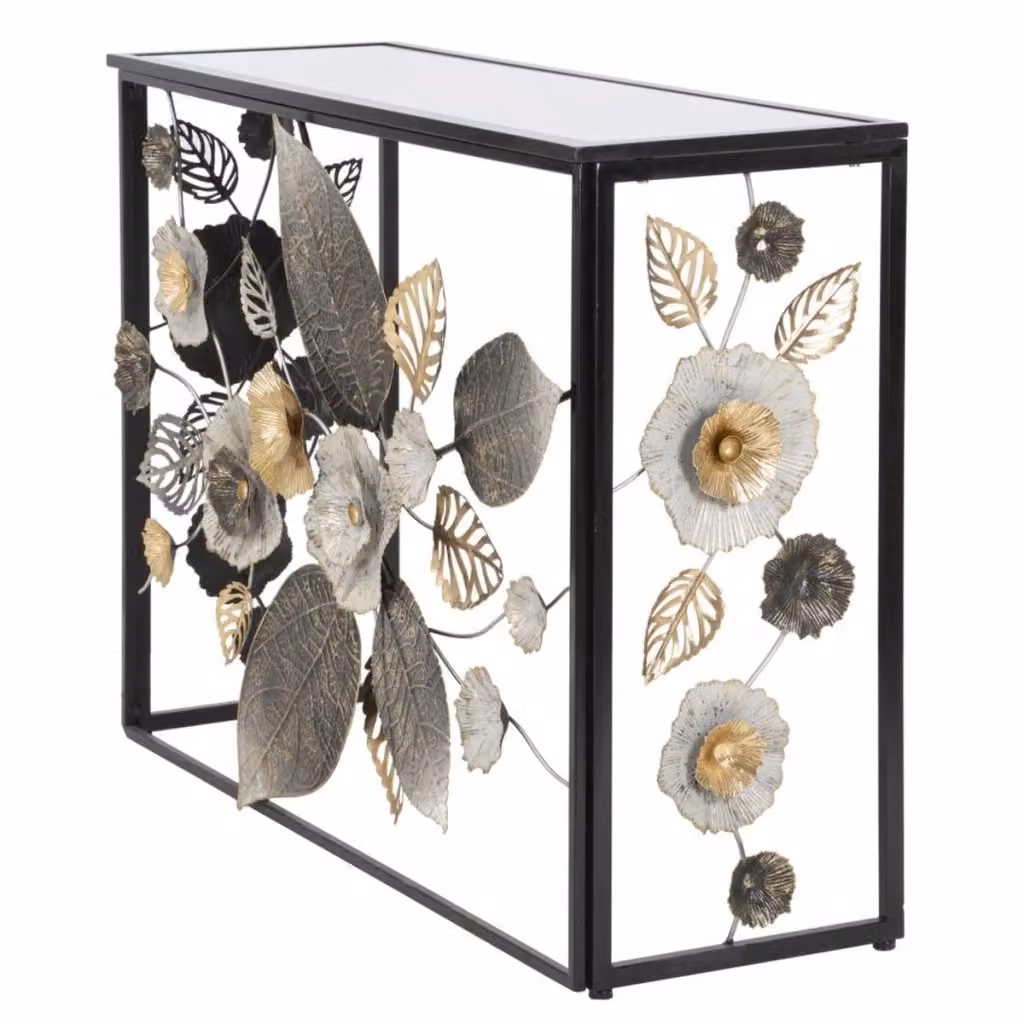 Console Glam Dark Vikasa Home in metallo e vetro con decorazione floreale – 2
