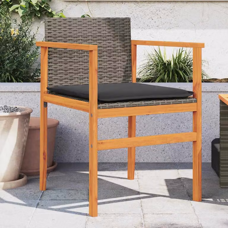 Set di 2 sedie da giardino vidaXL in polyrattan e legno di acacia con cuscini grigi e braccioli