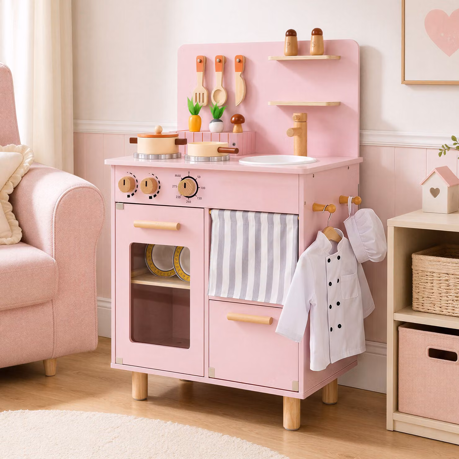Cucina giocattolo in legno Costway per bambini con accessori e cibo finto, colore rosa