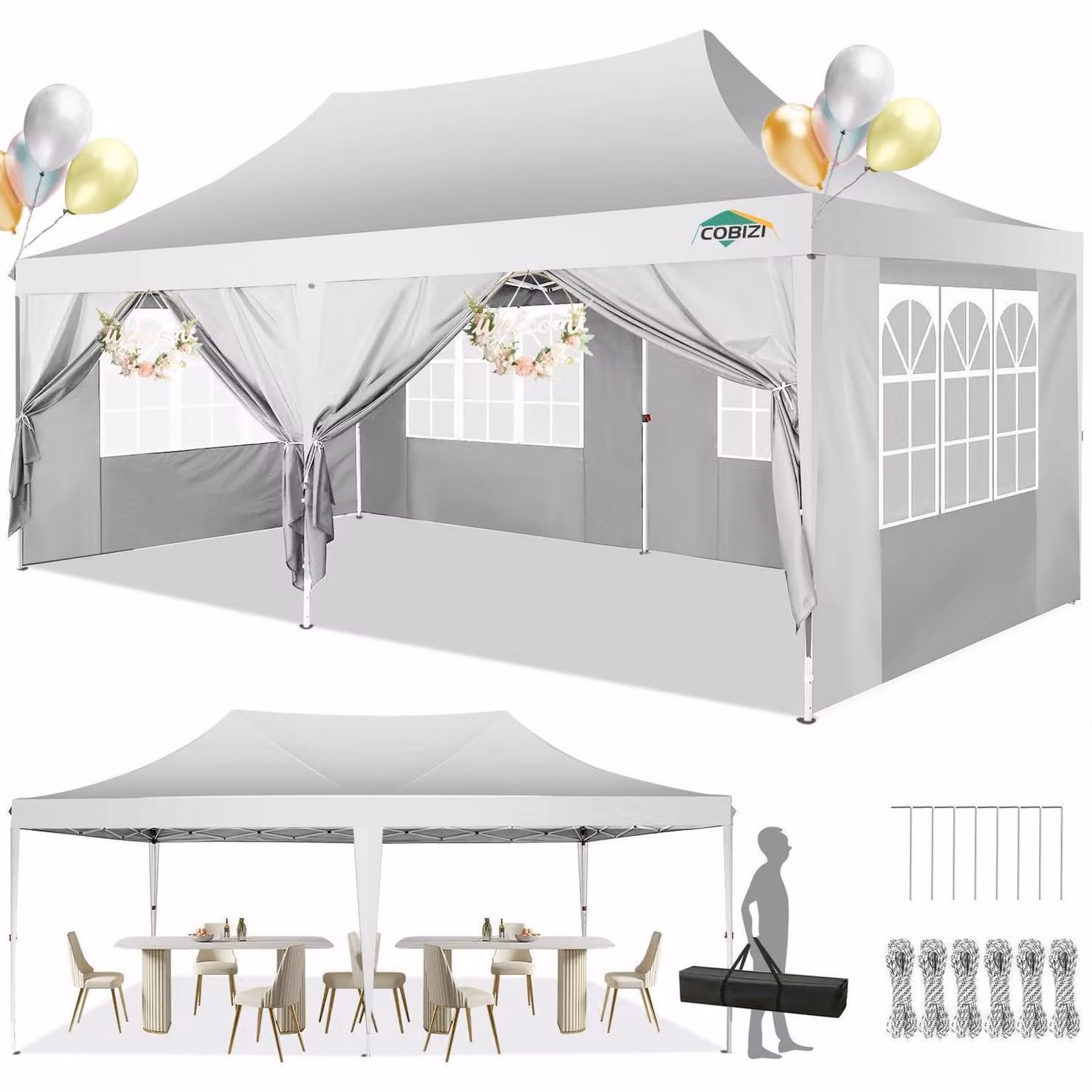 Gazebo da esterno 3x6 metri, impermeabile, stabile, con 6 pannelli laterali, colore bianco