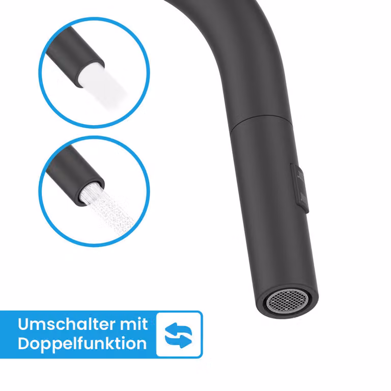 Rubinetto da cucina Bächlein girevole a 360 gradi colore nero opaco - miscelatore monocomando per lavello con tubo estraibile e spruzzo con pulsante di commutazione, rubinetto da cucina