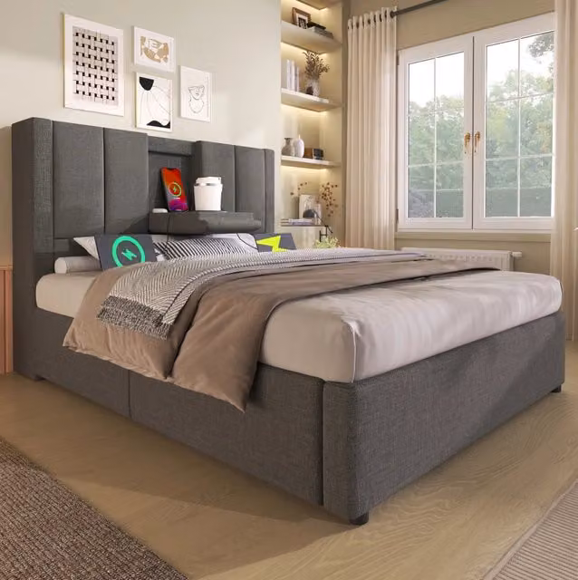 Letto contenitore idraulico 90x200 cm con portabicchiere e stazione di ricarica; lino grigio