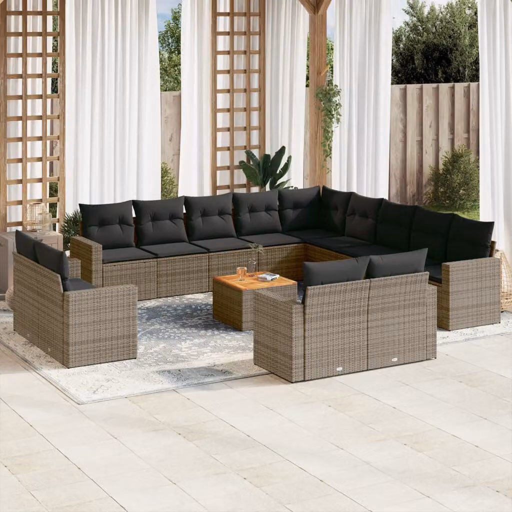 vidaXL Set Divani da Giardino a L in Polyrattan Grigio con Cuscini e Tavolino da Esterno – 1
