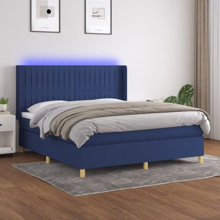 Letto Ibrido vidaXL con Materasso, Illuminazione LED Blu e Porte USB, Tessuto Blu e Bianco, 180x200 cm
