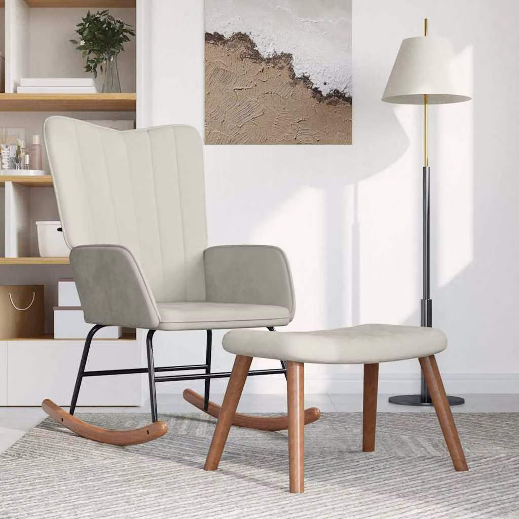 vidaXL Poltrona a Dondolo con Poggiapiedi in Velluto Bianco e Beige per il Relax in Soggiorno
