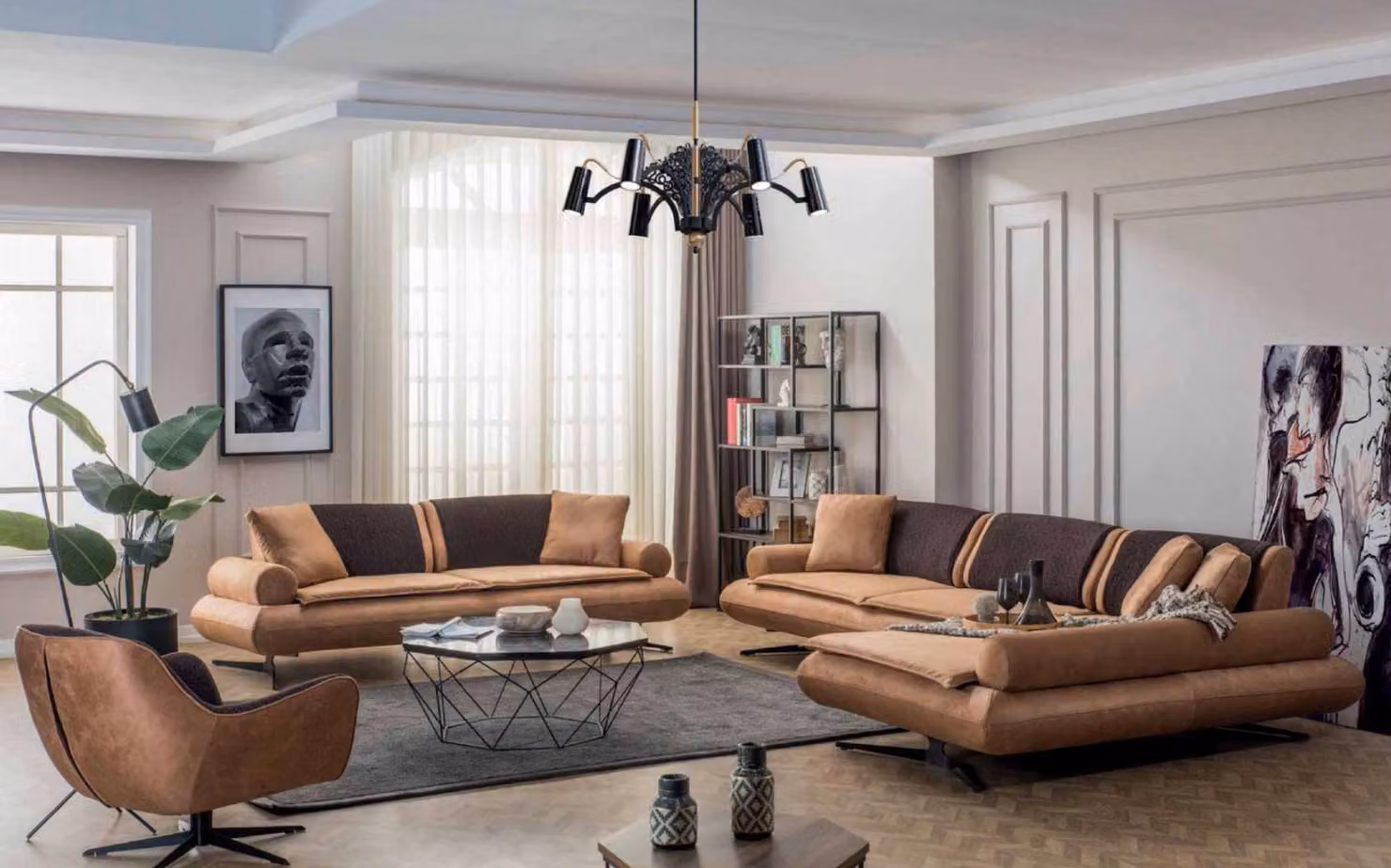 Luxus Sofagarnitur Ecksofa L-Form Zweisitzer Sessel Kunstleder Braun