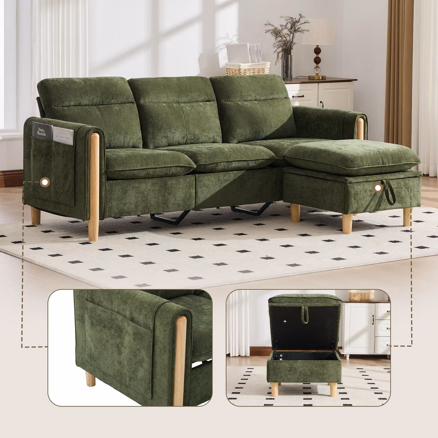 Divano a tre posti in stile nordico, poggiapiedi contenitore, tasche laterali, gambe in legno, forma a L (grigio)