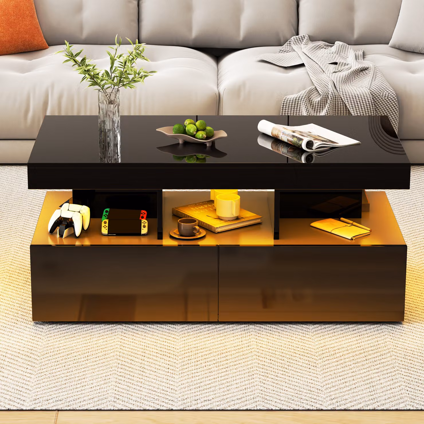 Tavolino moderno a LED con ripiani aperti e 2 cassetti, design a due livelli, nero