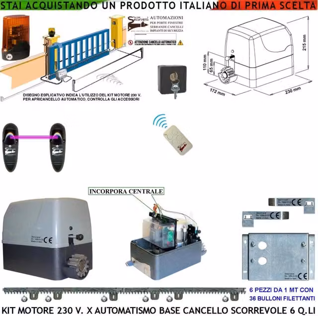 Automazione Cancello Scorrevole da 6 Q.li Kit Motore 230 V Con Centrale Radiocomando Faro Fotocellula Selettore 6 Metri di Cremagliera in Nylon Fine Corsa Accessori Fissaggio Condensatore Pignone Z12