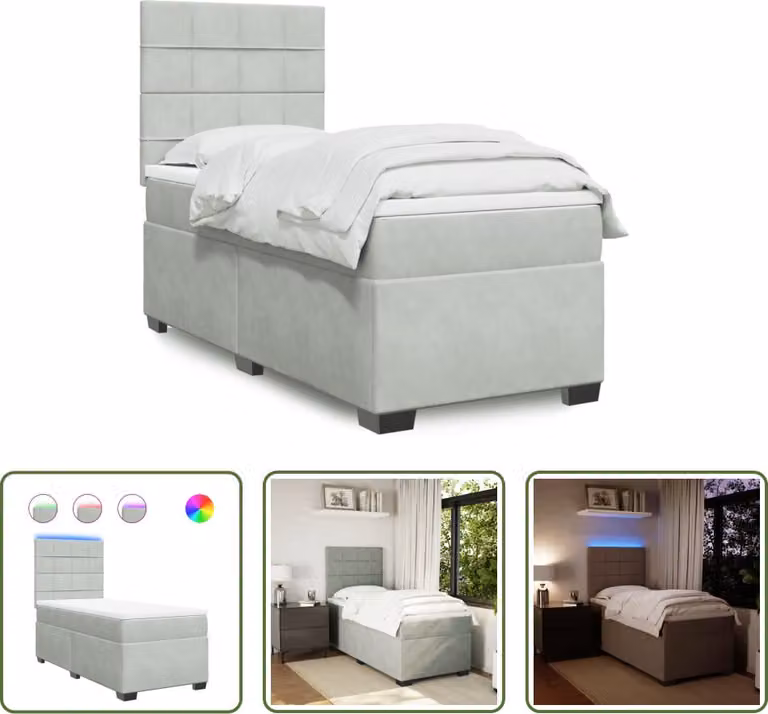 The Living Store Letto a molle con materasso grigio chiaro 90x190 cm in velluto