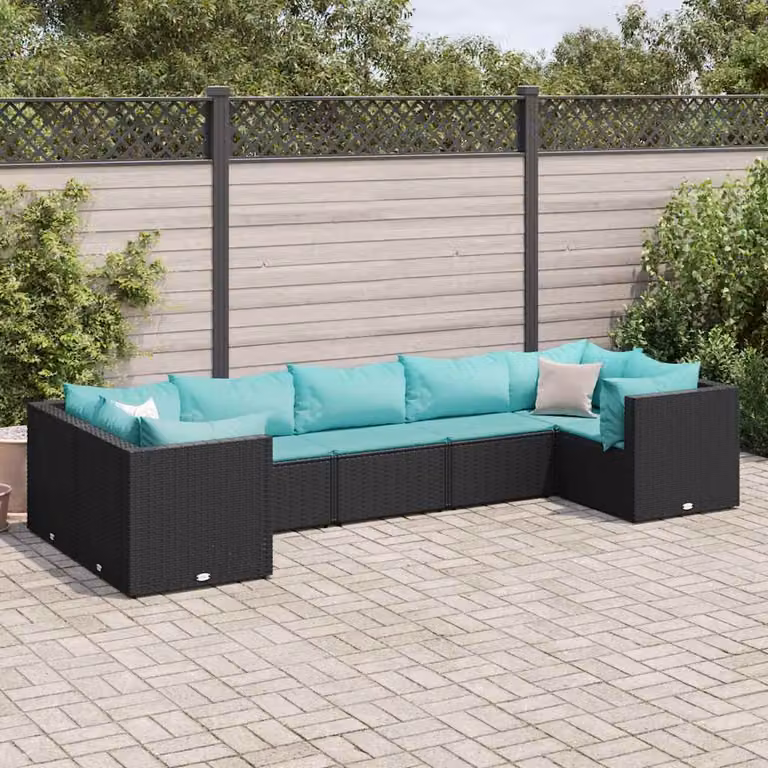 Set Salotto da Giardino vidaXL a Forma di L con 7 Cuscini Blu e Nero in Polyrattan e Acciaio