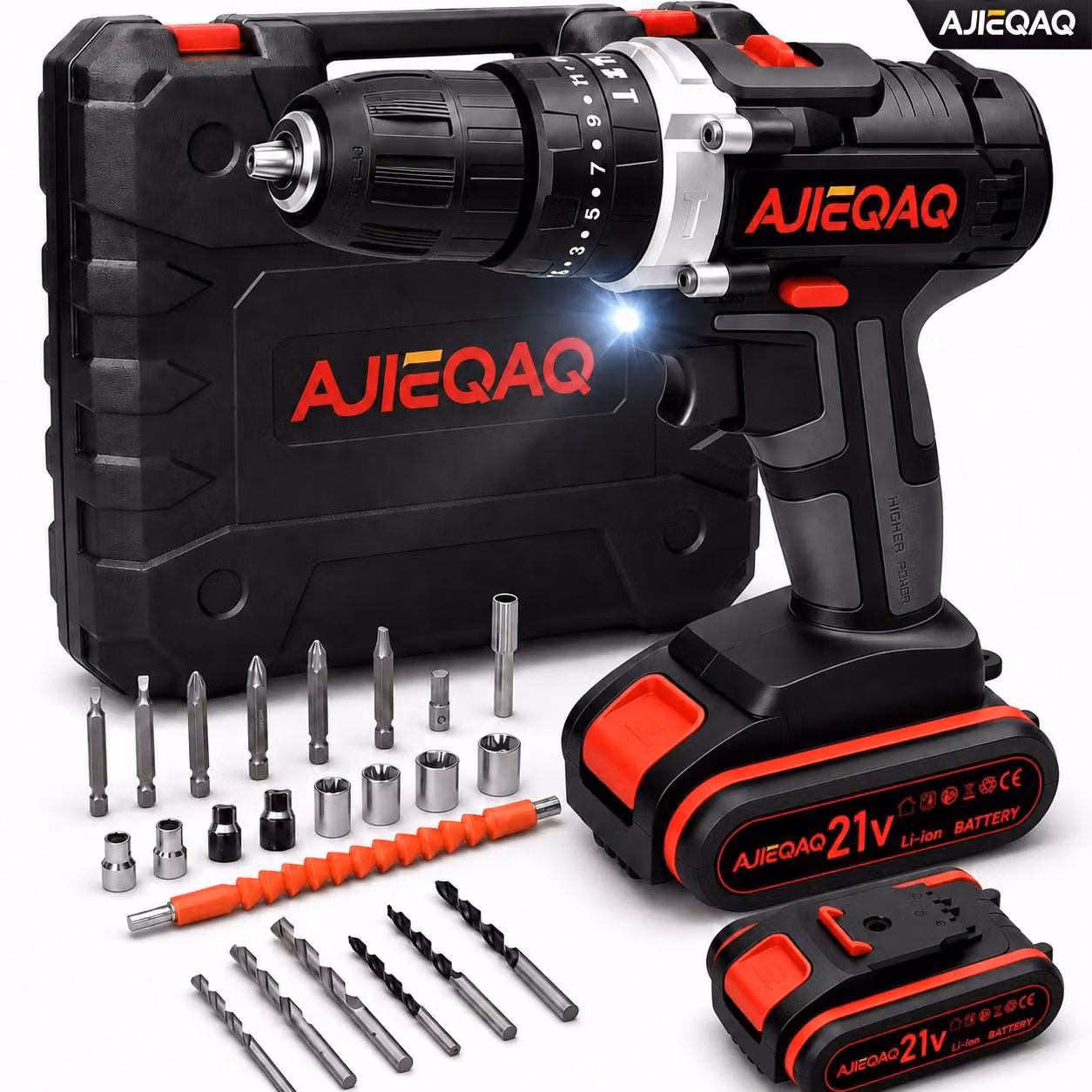 AJIEQAQ Trapano Avvitatore a Percussione 21V, Set 3 in 1 con 2×2,0Ah, 45 Nm, LED, Accessori & Valigetta