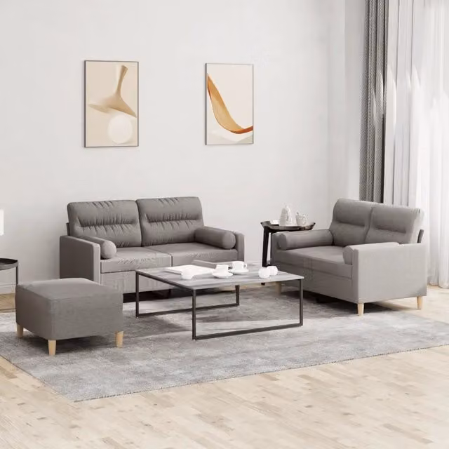 Set di Divani Moderno vidaXL composto da Divano a 2 posti, Ottoman e Cuscini in Tessuto Grigio e Beige – 1