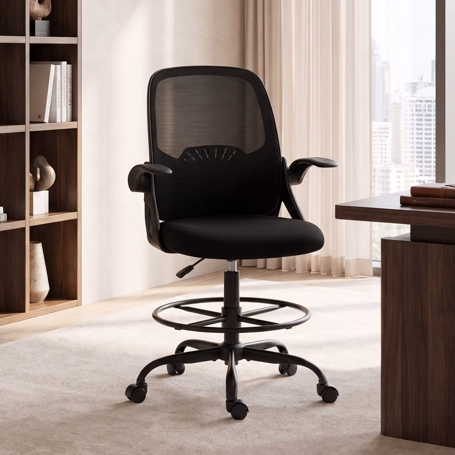 Sedia da ufficio ergonomica HOMCOM nera con supporto lombare, poggiapiedi e braccioli ribaltabili – 2