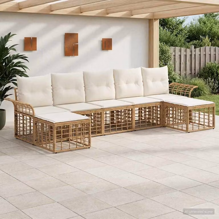 Set di divani da esterno vidaXL 7 pz a forma di U in stile rustico con struttura in acciaio e cuscini inclusi, colori beige, bianco e marrone
