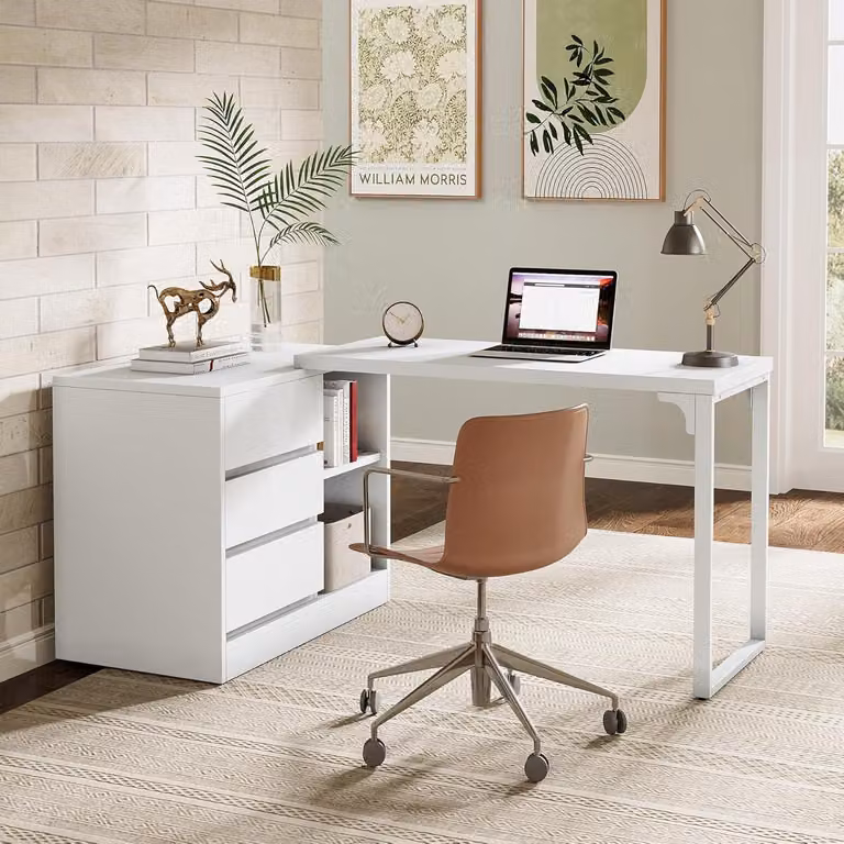 Scrivania ad angolo a forma di L, con cassetti e ripiani, moderna, di colore bianco, ideale per l'ufficio, con mobile contenitore