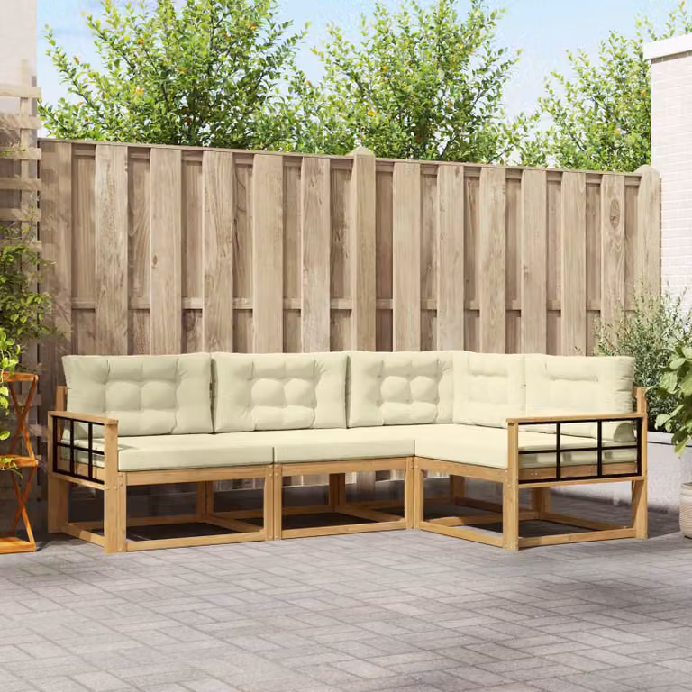 Set di divani da esterno a L vidaXL in legno di acacia con cuscini, Bianco, Beige e Marrone
