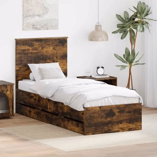 Struttura del letto con cassetto-Giroletto con contenitore-Rete del Letto Rovere fum¨¦ 75 x 190 cm 524695