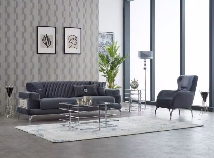 Couchgarnitur Polstersofa Dreisitzer Stoff Grau Set 2tlg Couch Sessel