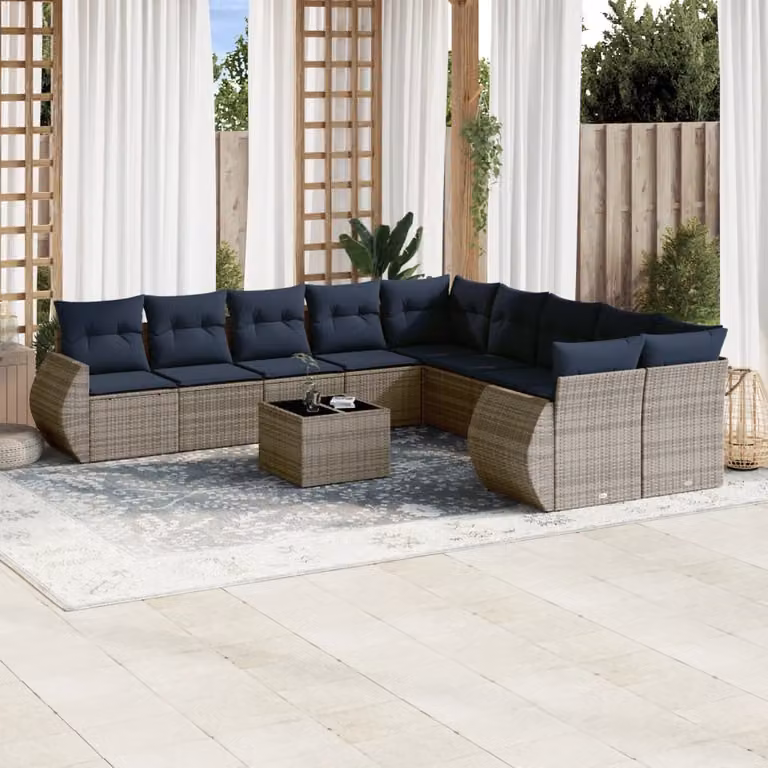 Set di divani da giardino vidaXL in polyrattan grigio con 11 pezzi, tavolo da esterno e cuscini inclusi