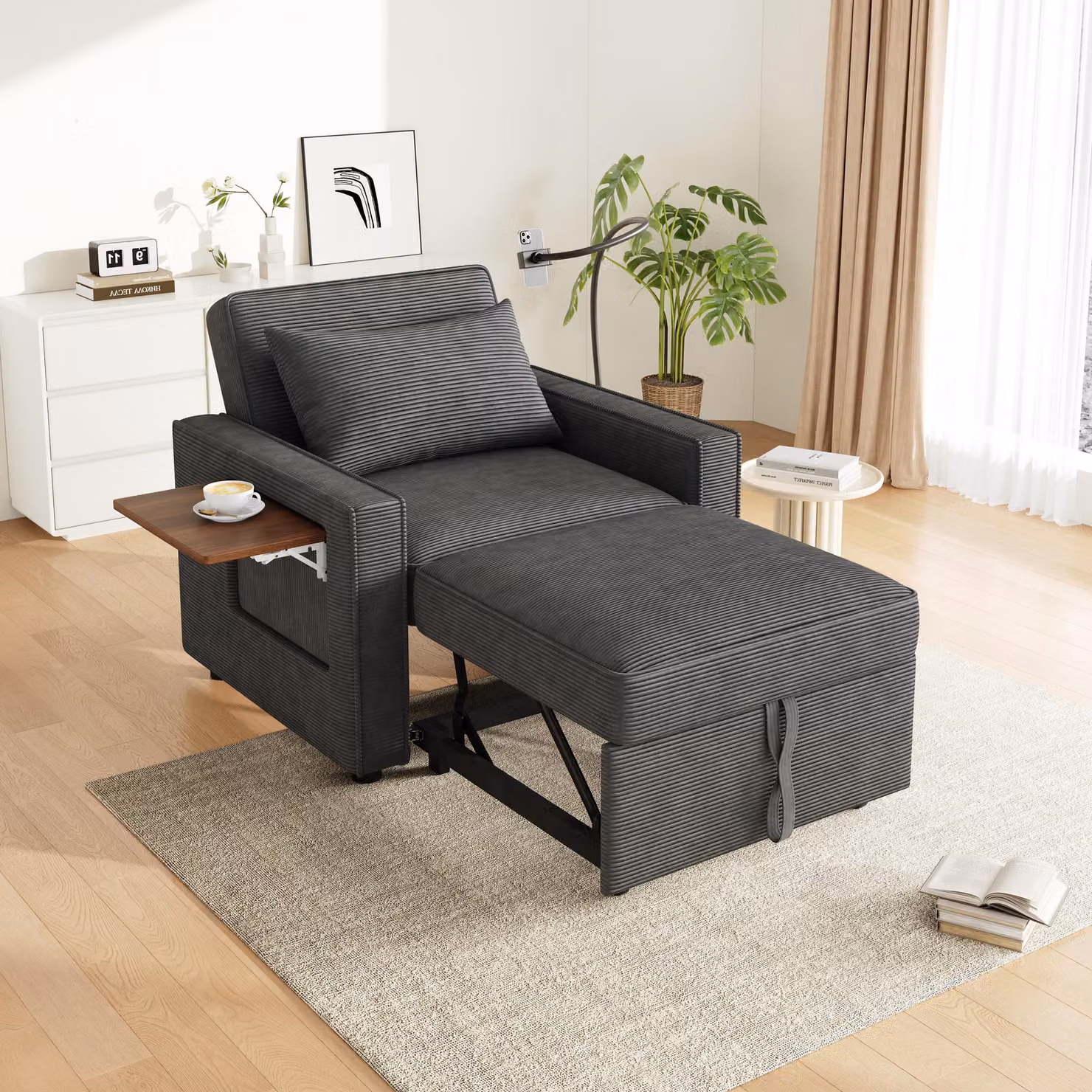 MODFU Poltrona multifunzionale pieghevole e pieghevole con caricatore USB, con funzione di riposo, poltrona relax pieghevole con porta telefono, Grigio