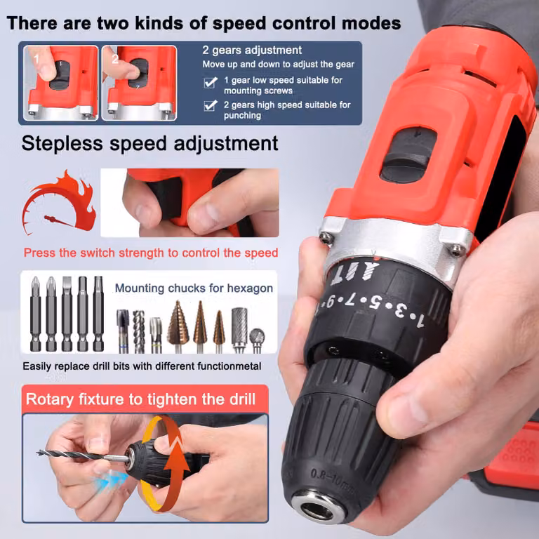 Trapano avvitatore a batteria, 21V, batteria al litio, controllo della velocità a due livelli, 2 batterie incluse, prodotto conforme agli standard UE