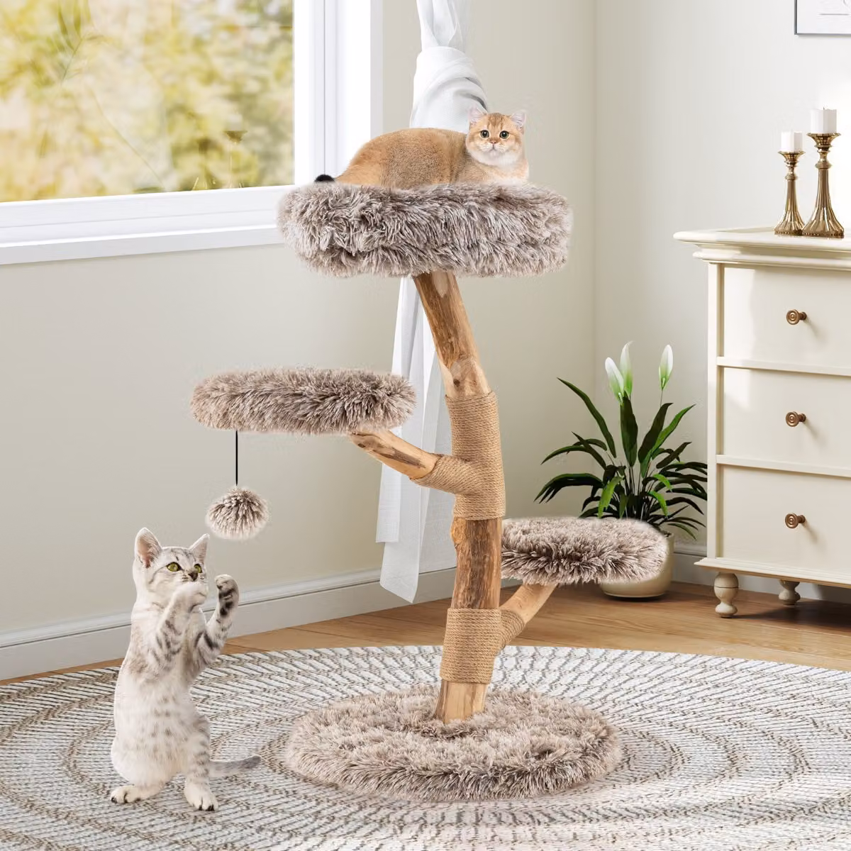 Albero per gatti Costway in legno naturale moderno con piattaforma e giocattoli integrati, colore beige e marrone