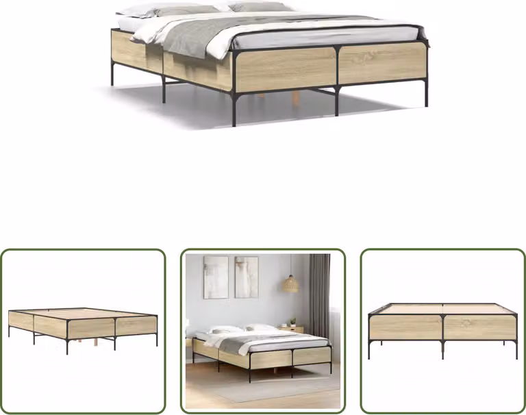 The Living Store Struttura per letto in rovere Sonoma 140x200 cm Materiale a base di legno e metallo