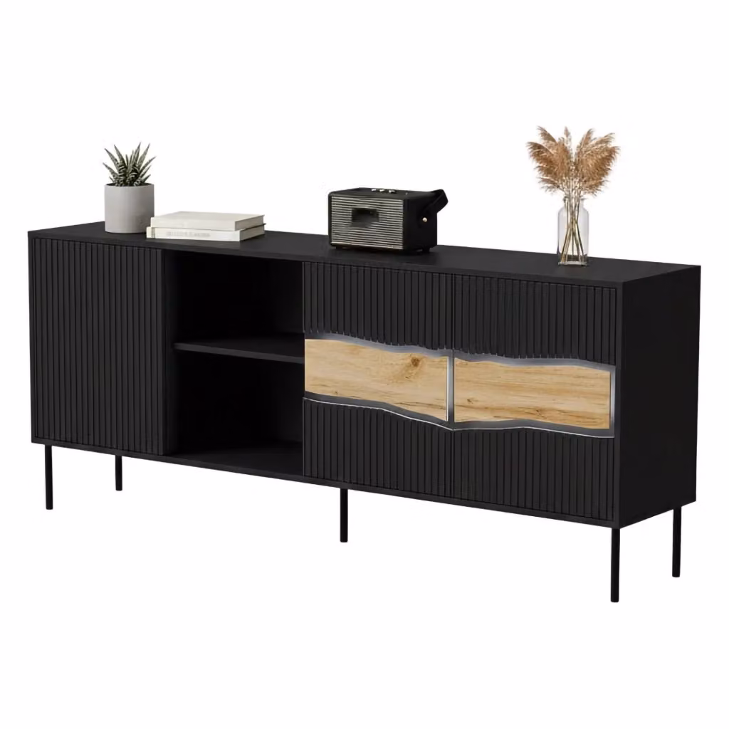Madia DMORA moderna in MDF con finitura opaca, colore nero e rovere, L 190 x P 40 x H 80 cm – 2