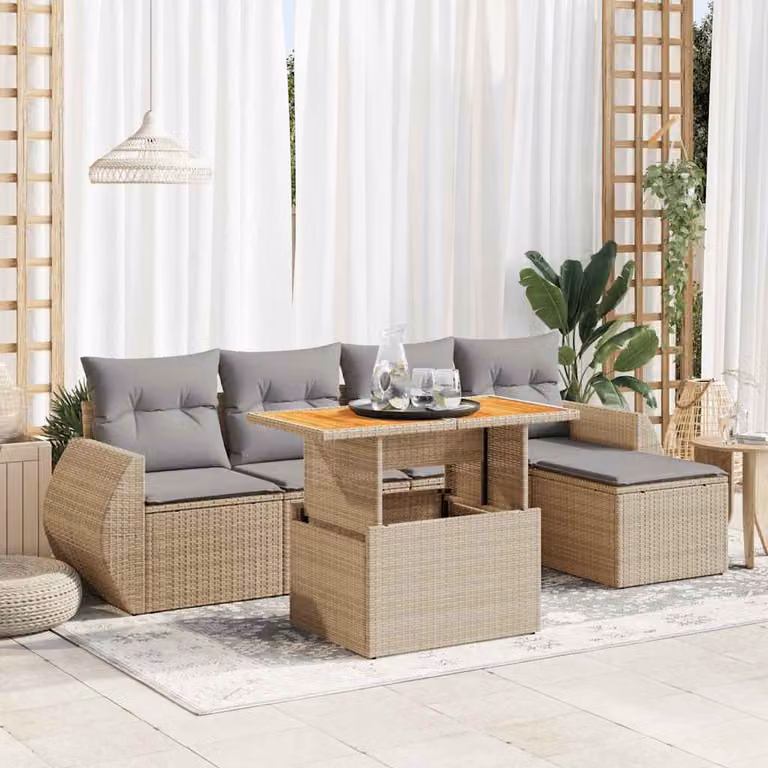 Set Divano da Giardino vidaXL 6 pz in Polyrattan con Cuscini Beige e Tavolino, Design Moderno a L per Terrazza e Giardino