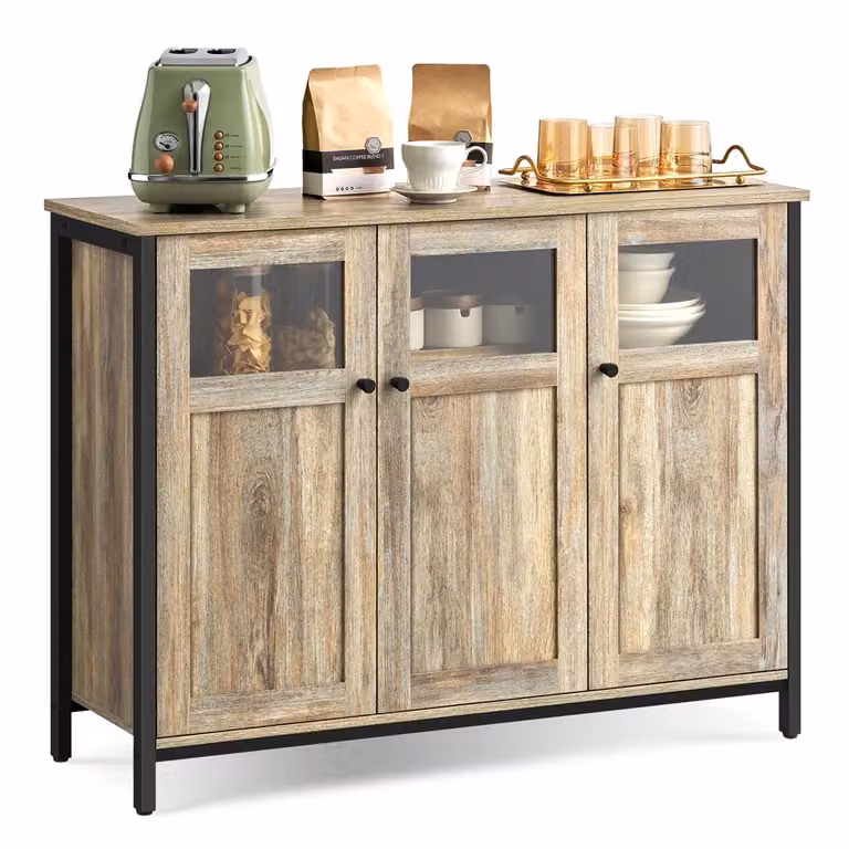 Credenza Multiuso con Ante in Vetro, Marrone Turchese + Nero Inchiostro