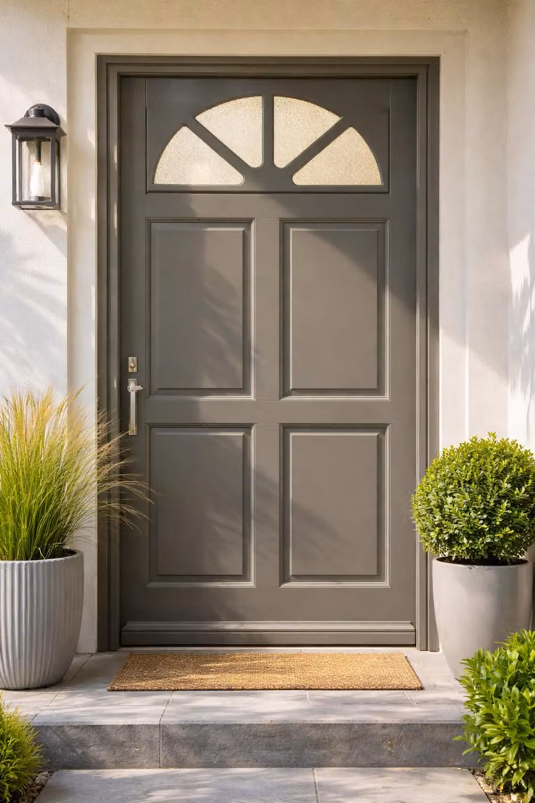Porta d'ingresso in legno con vetrata Fiacre Grigio Quarzo, H.215xL.90 cm, lato tabella, apertura destra, GD MENUISERIES