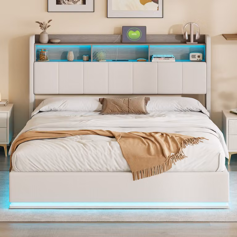 CDGlobal letto imbottito 160x200cm, letto matrimoniale idraulico con contenitore e rete a doghe, testata a LED con funzione di ricarica USB, letto contenitore letto in metallo letto per giovani letto, biancheria (beige, 160x200cm)