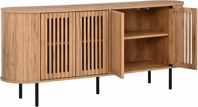 Sideboard 160x40x70 cm in MDF con 4 ante scorrevoli perforate, piedi in metallo nero, mobili moderni per soggiorno e sala da pranzo colore legno naturale