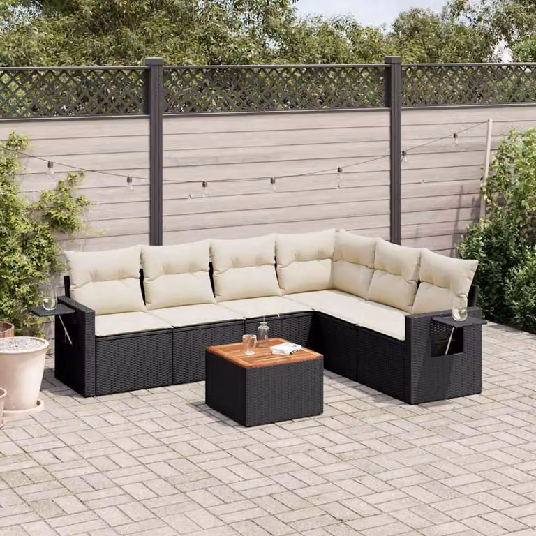 Set Divani da Giardino a L vidaXL in Polyrattan Nero con 7 Cuscini e Tavolino