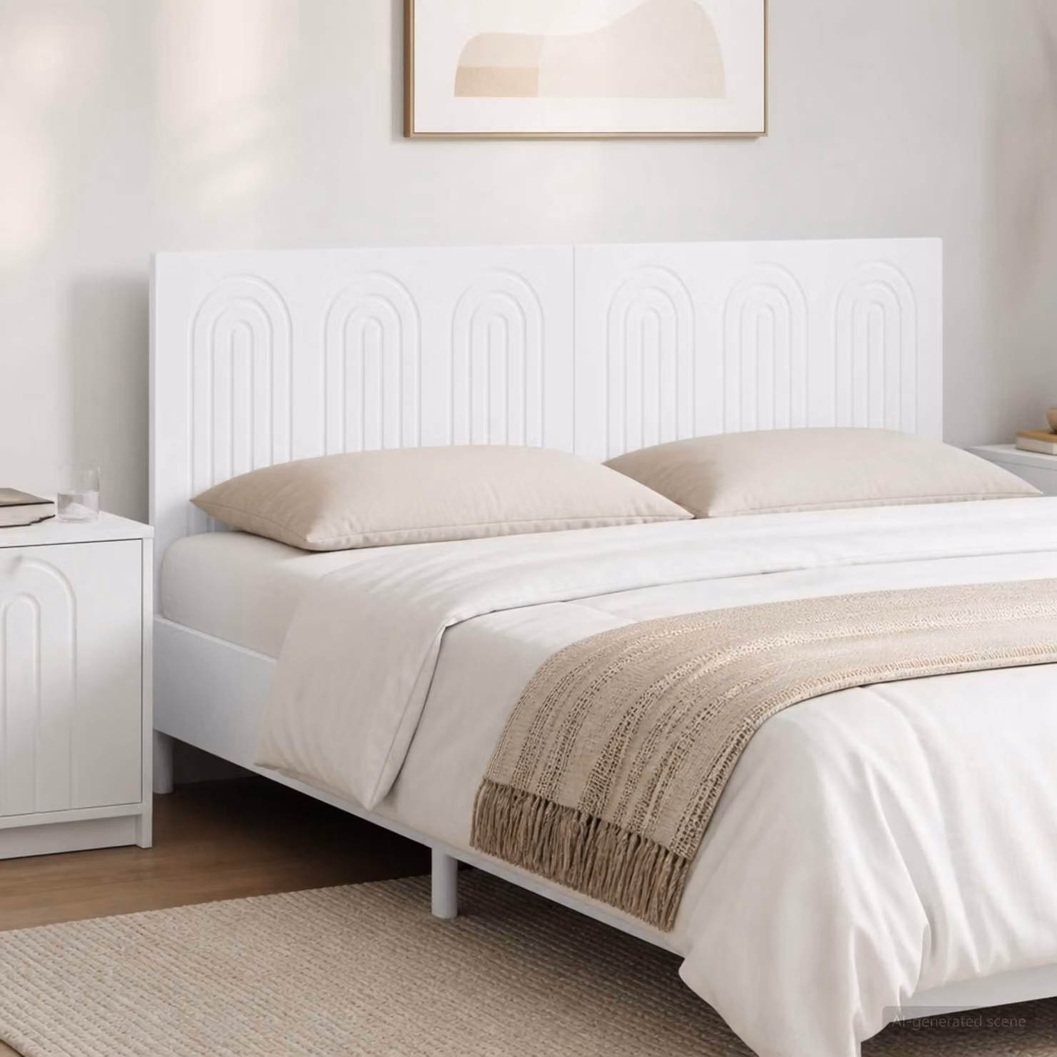 Testiera da muro vidaXL ALKMAAR in legno ingegnerizzato bianco con design moderno a righe per camera da letto, L: 142 cm, H: 50 cm, P: 3 cm