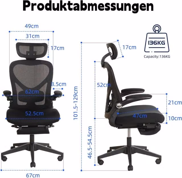 Sedia da ufficio ergonomica pieghevole nera con supporto lombare e poggiapiedi