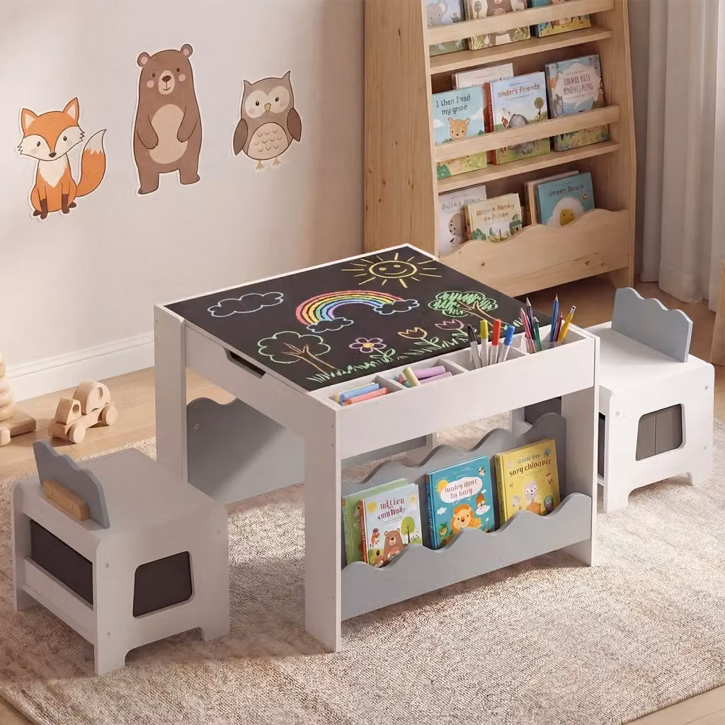 Set tavolo e 2 sedie per bambini con lavagna reversibile e cassetto, mobile moderno in legno e MDF per cameretta o soggiorno, Grigio e Bianco – 2