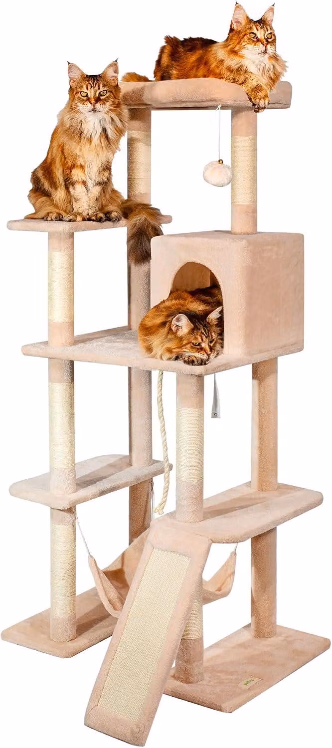 Katzenbaum XL, altezza 160 cm, rivestito in peluche color beige, con cuccia e amaca, tiragraffi per gatti
