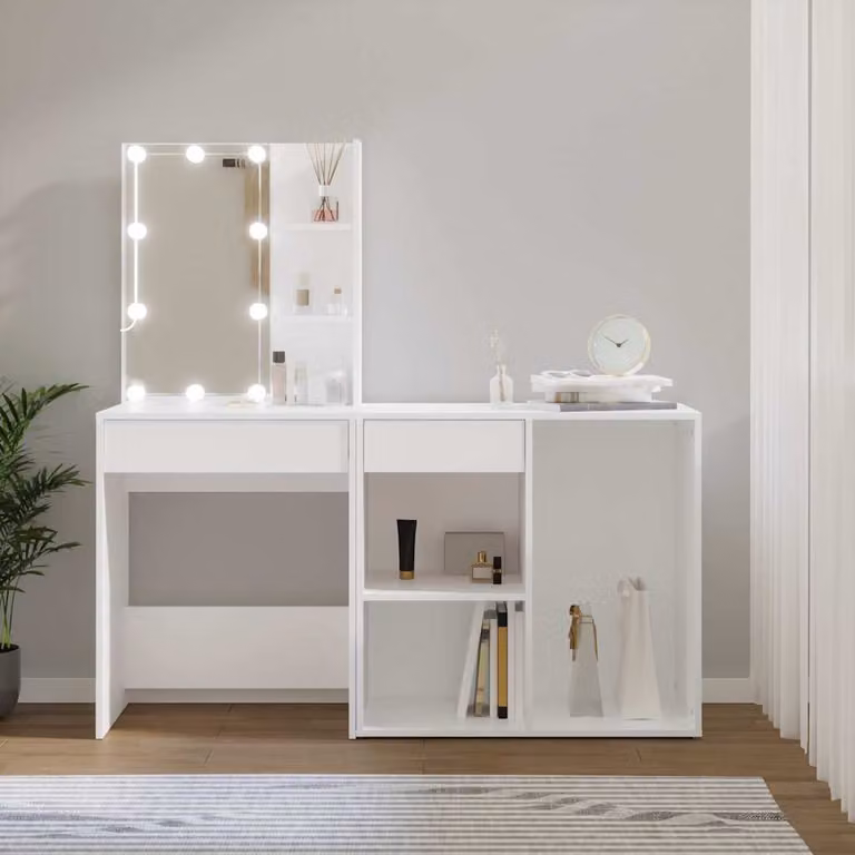 vidaXL Toeletta con LED e Armadietto Bianco in Legno Multistrato L: 140 cm, P: 40 cm, H: 60 cm