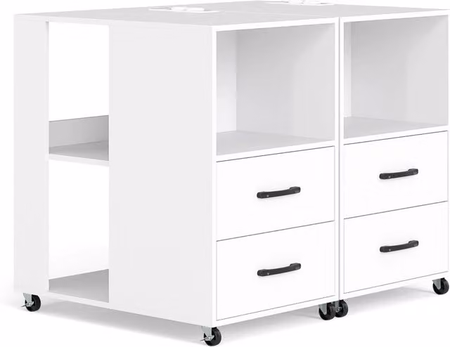 Set di 2 tavolini laterali moderni con stazione di ricarica e 2 cassetti, colore bianco opaco