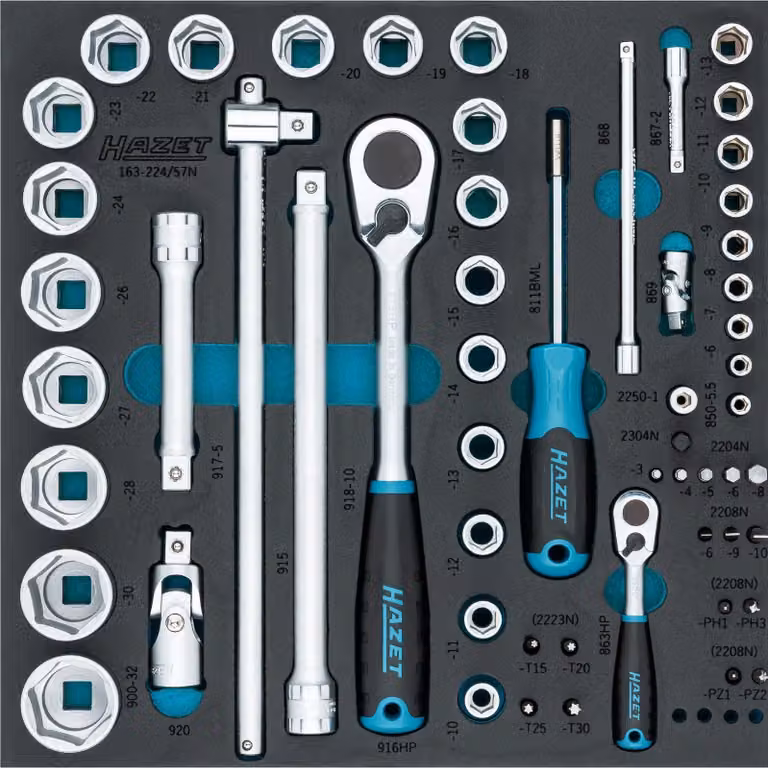 Set di chiavi a bussola / cacciaviti 163-224/57N: 1/2 pollice (12,5 mm) a sezione quadrata cava, 1/4 pollice (6,3 mm) a sezione quadrata cava, 1/4 pollice (6,3 mm) a sezione esagonale piena
