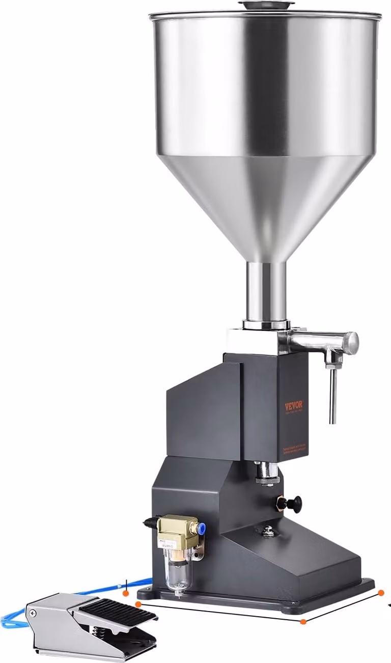 Macchina per il riempimento di liquidi, funzionamento pneumatico/manuale, controllo tramite pedale, prugna