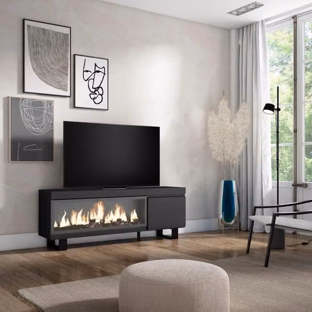 Mobile TV Soggiorno, 158x35x57cm, Per TV fino a 65", Camino elettrico XXL, Design industriale, Nero RF3245
