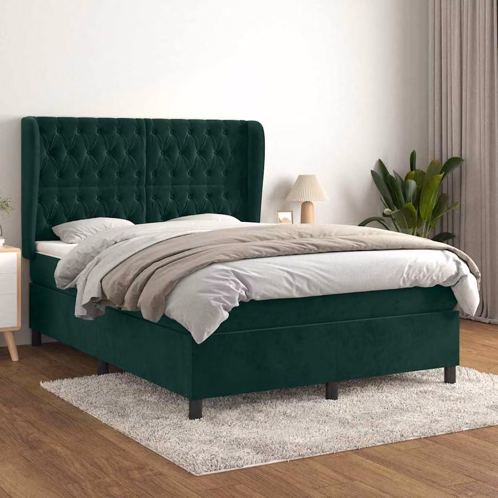 Letto Ibrido vidaXL con Giroletto a Molle e Materasso in Velluto Verde Scuro L/P/H: 190 x 140 x 128 cm