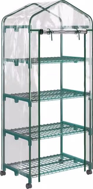 Outsunny Serra Verticale per Orto con Porta Avvolgibile e Scaffale a 4 Ripiani in Acciaio e PVC Bianco, L 69 cm x P 50 cm x H 165 cm