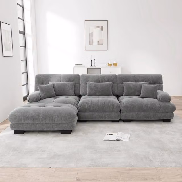 Divano angolare 313x145x81 cm in tessuto grigio, modulare con ottomani, per spazi grandi –