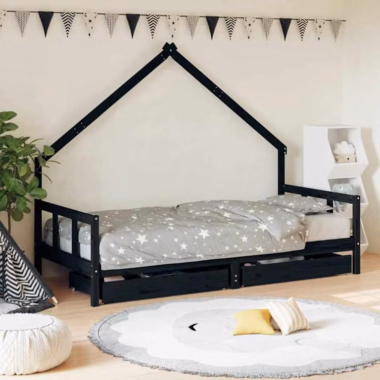 Giroletto per bambini vidaXL in legno massello di pino con cassetti, Nero, L 200 x P 90 cm