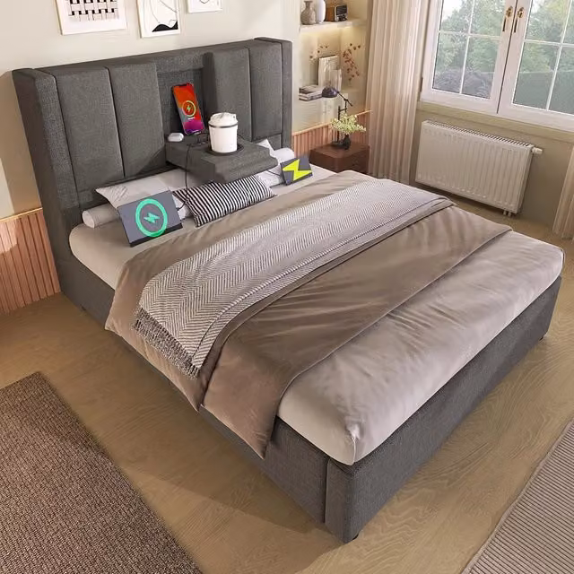 Letto imbottito-Xylo-90x200cm porta-bicchiere USB idraulico lino grigio senza materasso